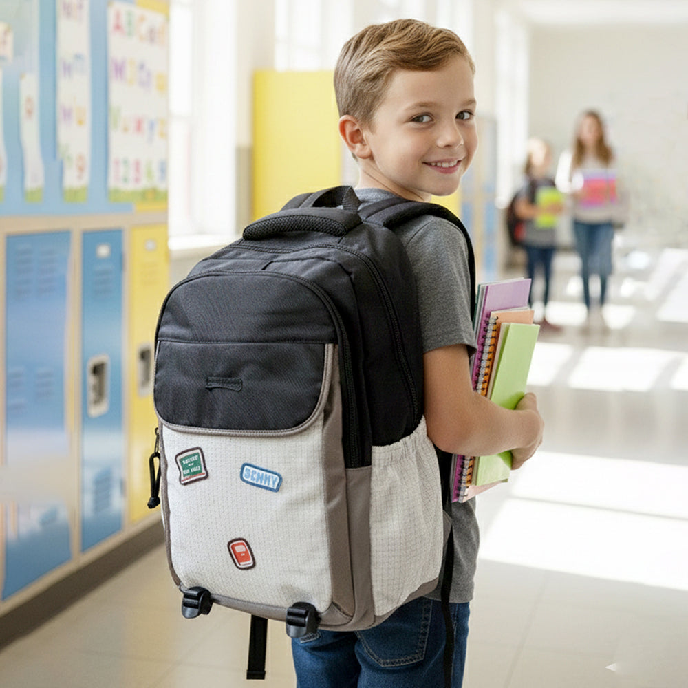 Black & Brown Badge styled School Backpack for Kids & Teens
