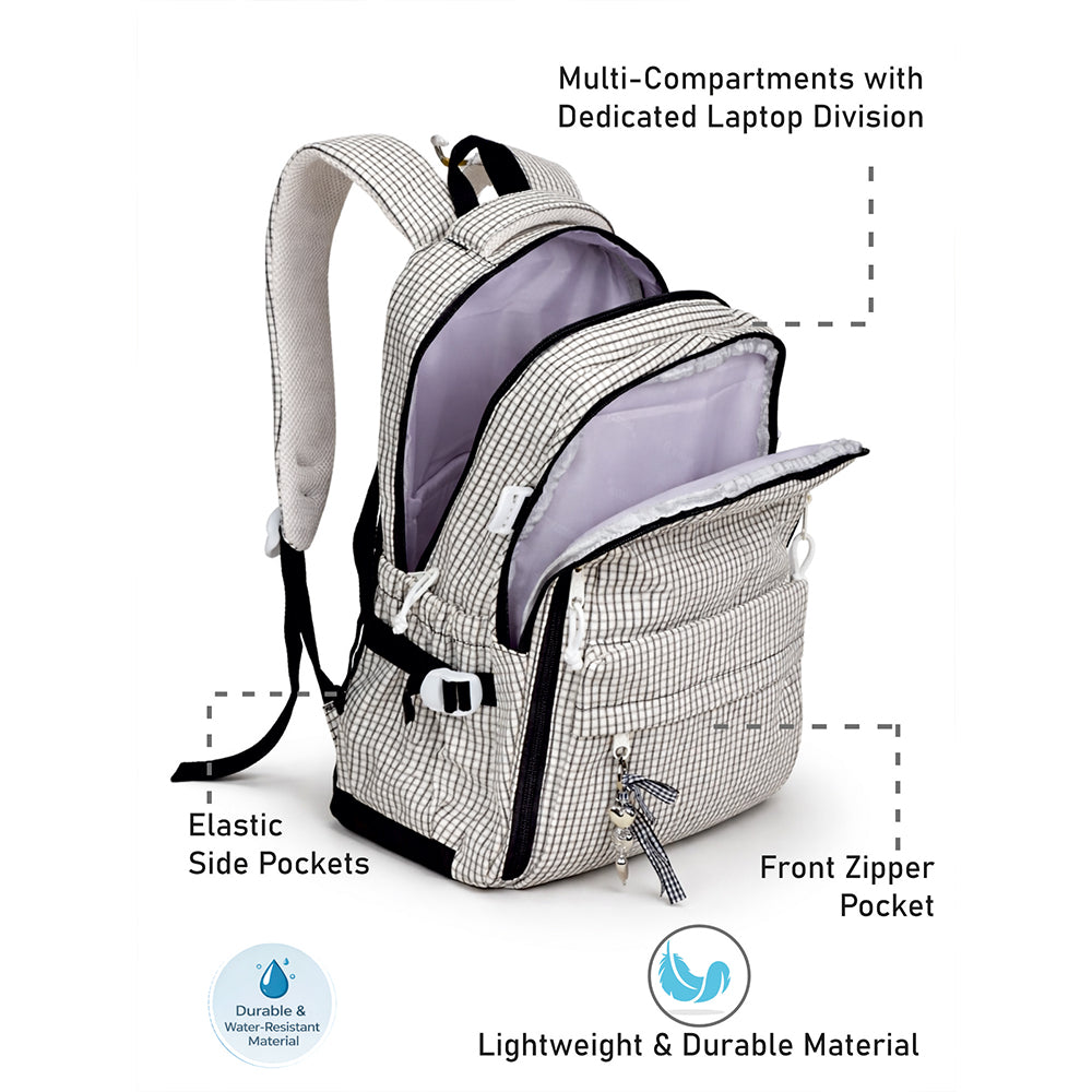 Black & Cream Checkered School Backpack with Bow & Heart Keychain for Kids & Teens