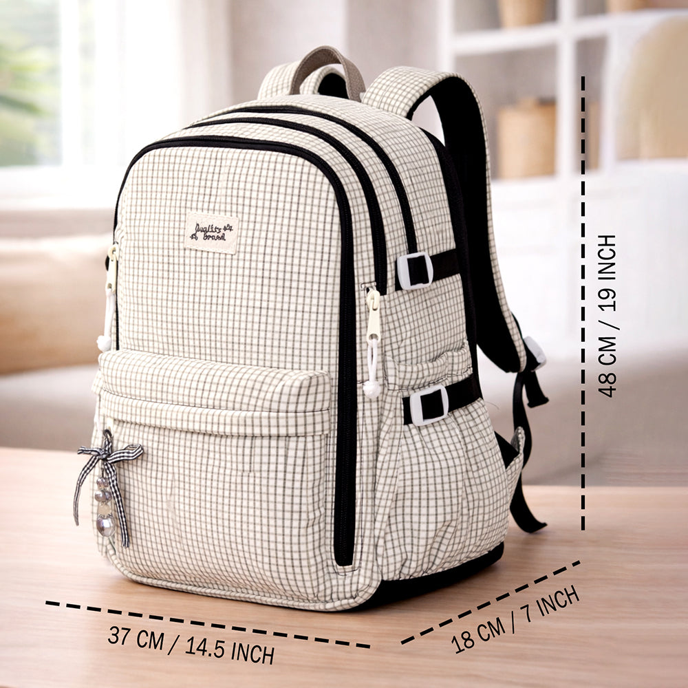 Black & Cream Checkered School Backpack with Bow & Heart Keychain for Kids & Teens