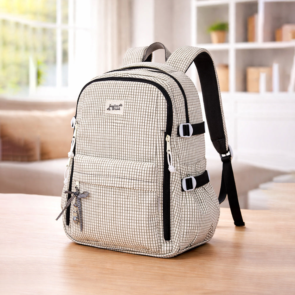Black & Cream Checkered School Backpack with Bow & Heart Keychain for Kids & Teens