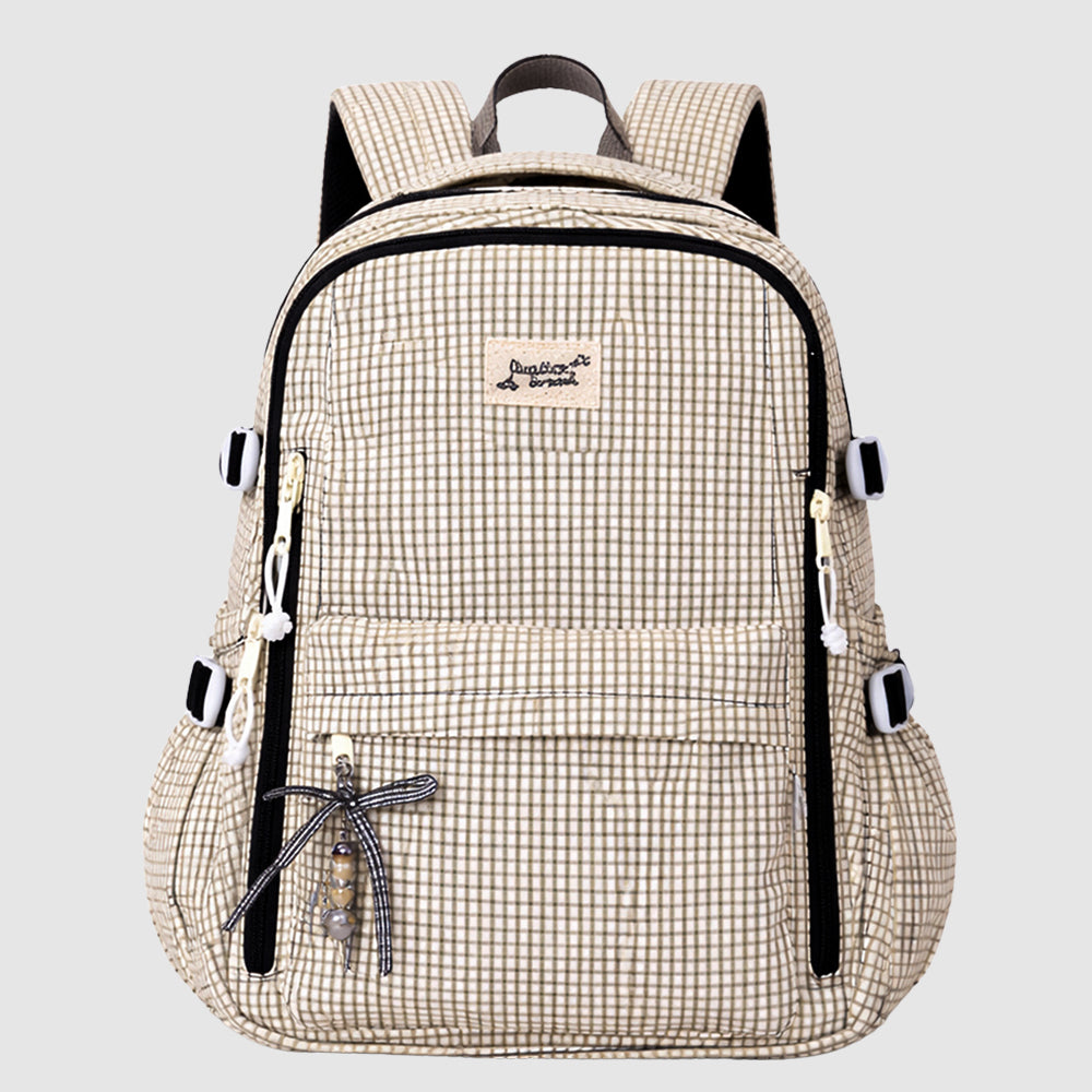 Black & Cream Checkered School Backpack with Bow & Heart Keychain for Kids & Teens