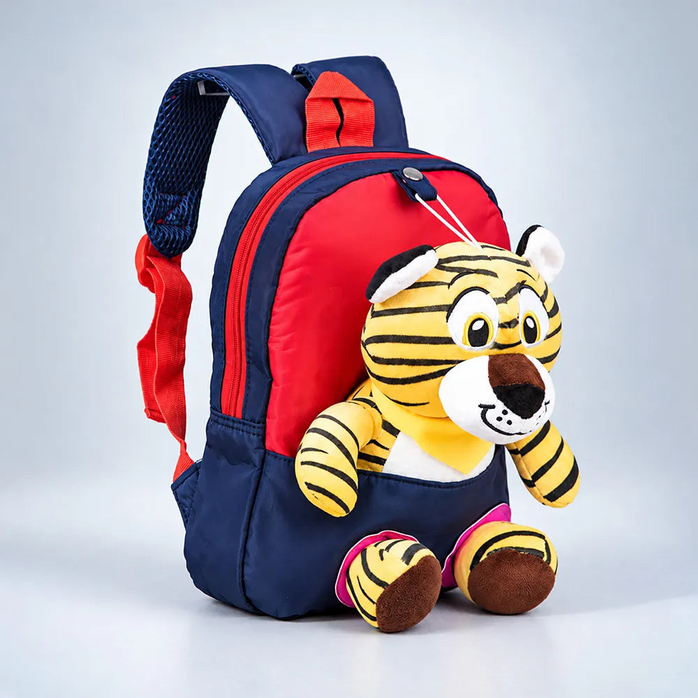 Black & Red Tiger Tiny Toddlers Backpack with Removable Soft Toy for nursery and Playgroup