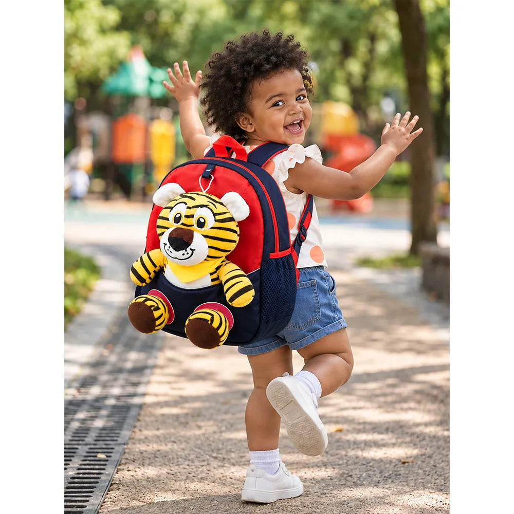 Black & Red Tiger Tiny Toddlers Backpack with Removable Soft Toy for nursery and Playgroup