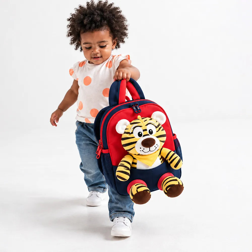 Black & Red Tiger Tiny Toddlers Backpack with Removable Soft Toy for nursery and Playgroup