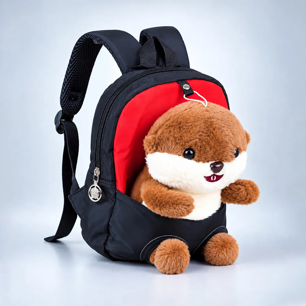 Red & Black Squirrel Tiny Toddlers Backpack with Removable Soft Toy for nursery and Playgroup