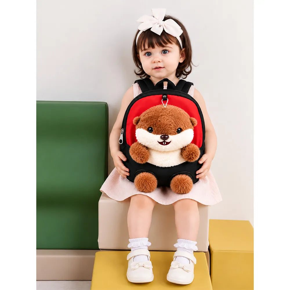 Red & Black Squirrel Tiny Toddlers Backpack with Removable Soft Toy for nursery and Playgroup
