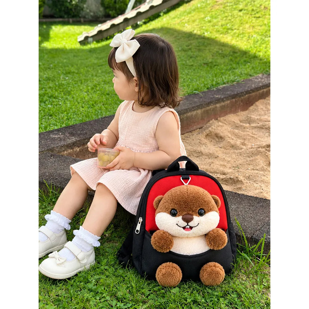 Red & Black Squirrel Tiny Toddlers Backpack with Removable Soft Toy for nursery and Playgroup
