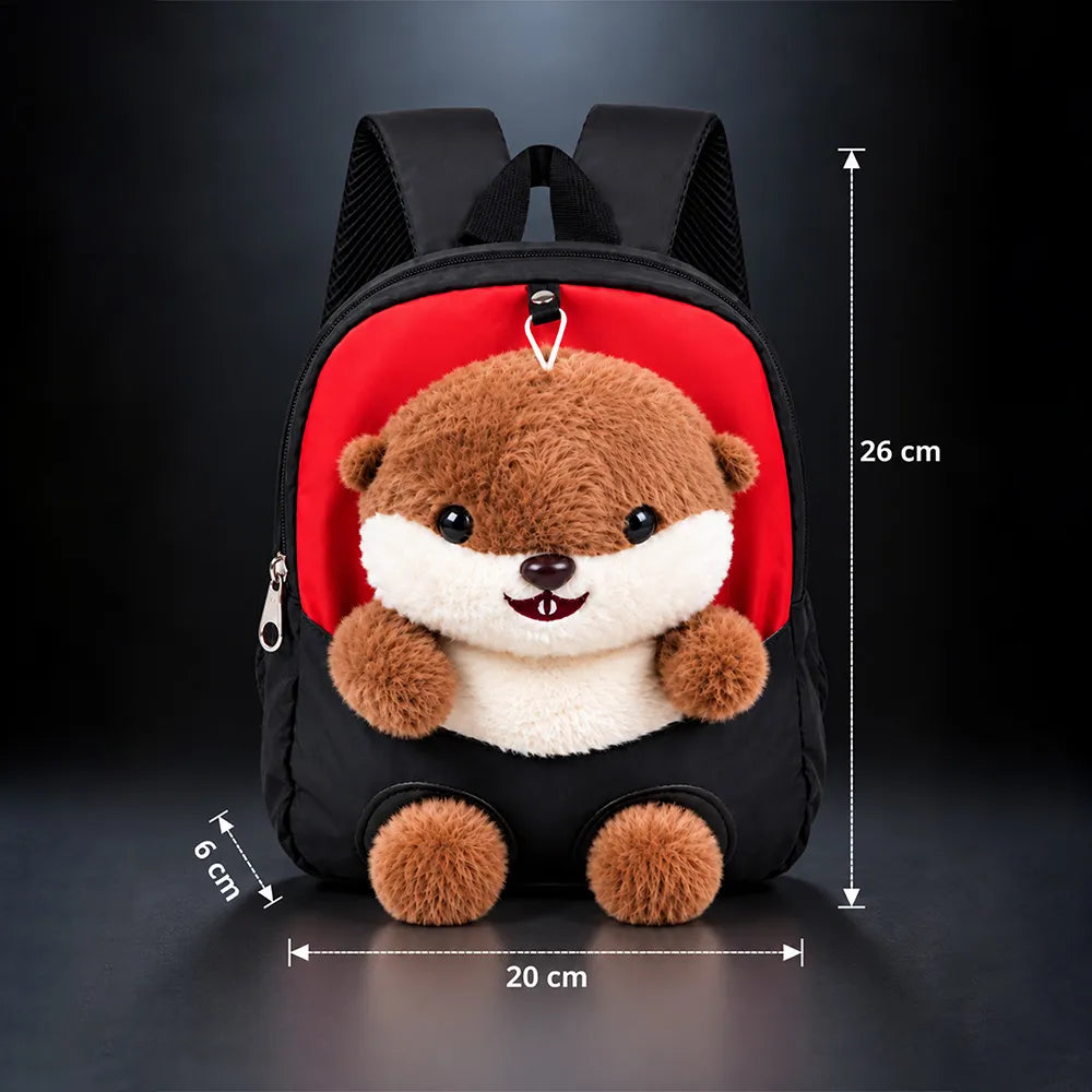 Red & Black Squirrel Tiny Toddlers Backpack with Removable Soft Toy for nursery and Playgroup
