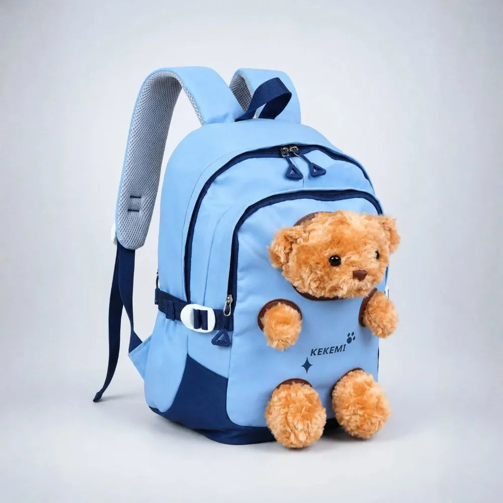 Blue & Brown Teddy Tiny Toddlers Backpack with Removable Soft Toy for nursery and Playgroup