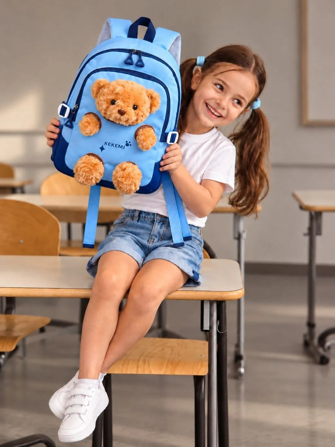 Blue & Brown Teddy Tiny Toddlers Backpack with Removable Soft Toy for nursery and Playgroup