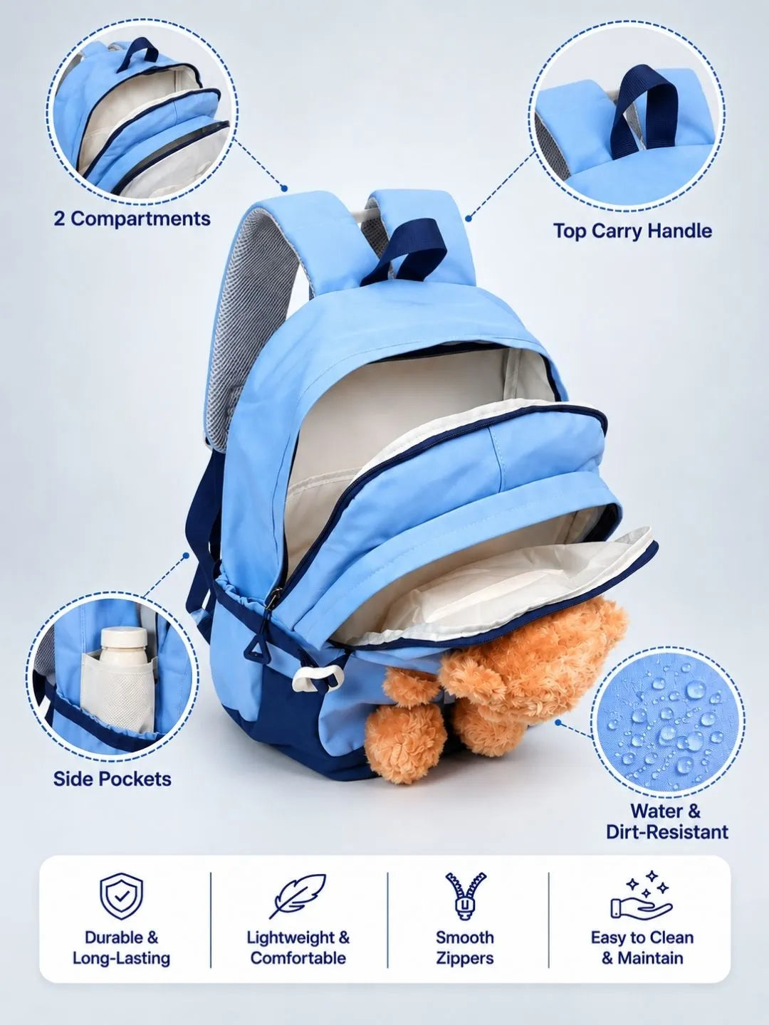 Blue & Brown Teddy Tiny Toddlers Backpack with Removable Soft Toy for nursery and Playgroup