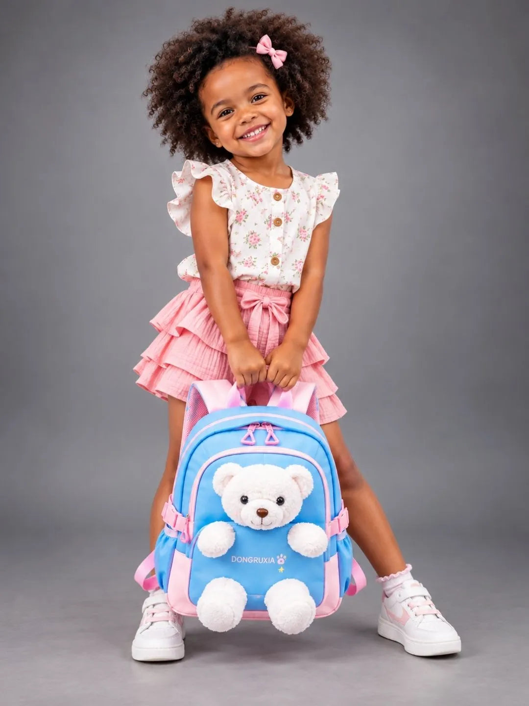 Blue & White Teddy Tiny Toddlers Backpack with Removable Soft Toy for nursery and Playgroup