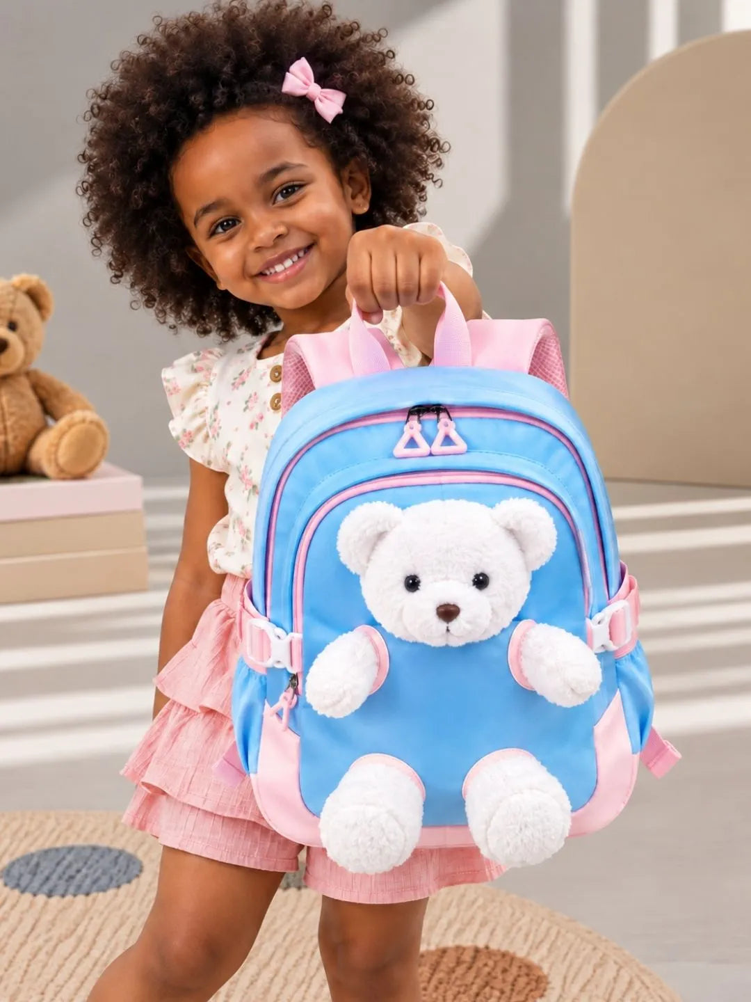 Blue & White Teddy Tiny Toddlers Backpack with Removable Soft Toy for nursery and Playgroup