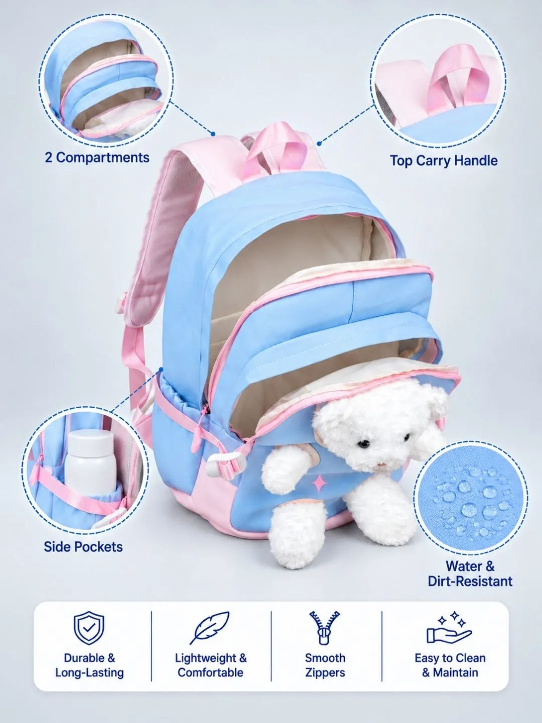 Blue & White Teddy Tiny Toddlers Backpack with Removable Soft Toy for nursery and Playgroup