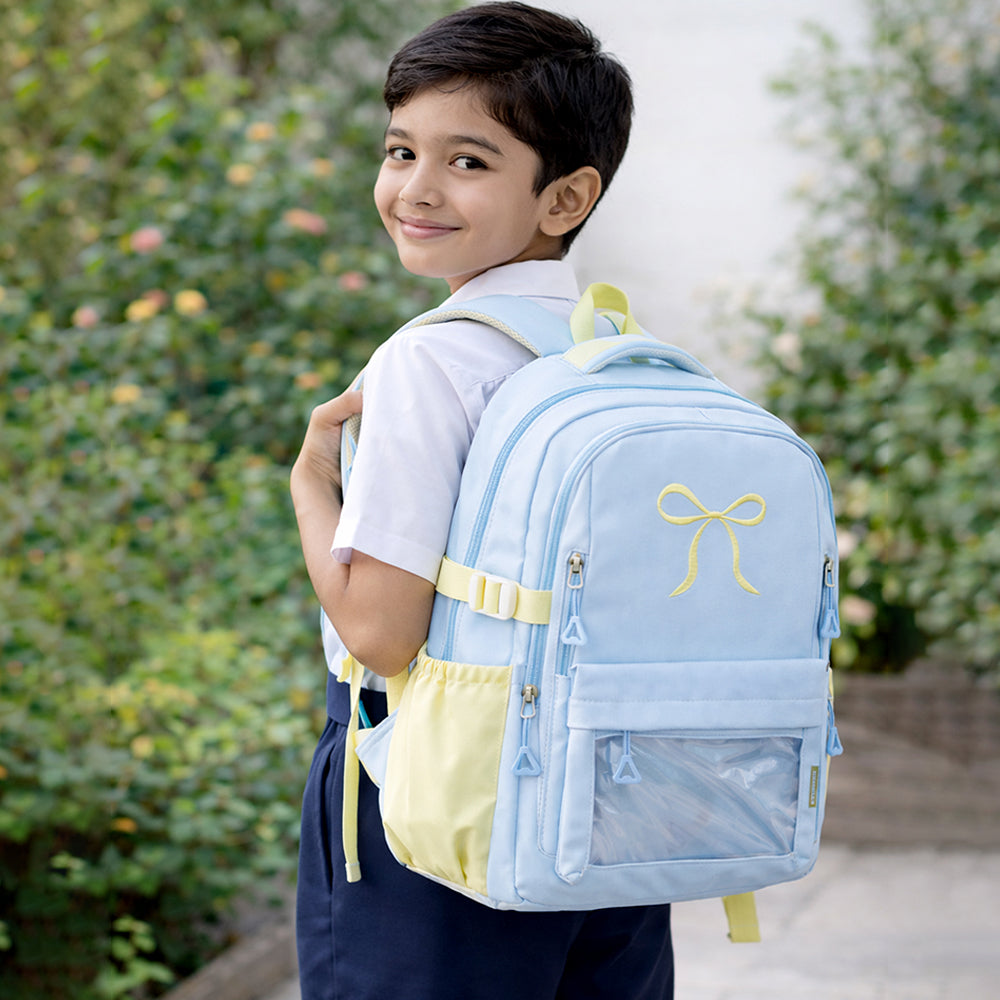 Pastel Blue Bow Multi-Pocket School Backpack for Kids & Teens