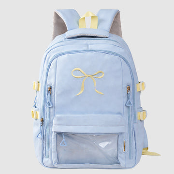 Pastel Blue Bow Multi-Pocket School Backpack for Kids & Teens