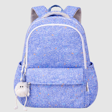 Blue Doodle Print School Backpack with Plush Pom-Pom Keychain for Kids & Teens