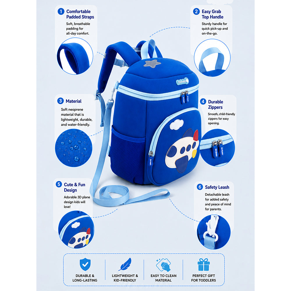 Blue Plane Soft Neoprene Backpack for Toddlers & Kids,3yrs to 5yrs