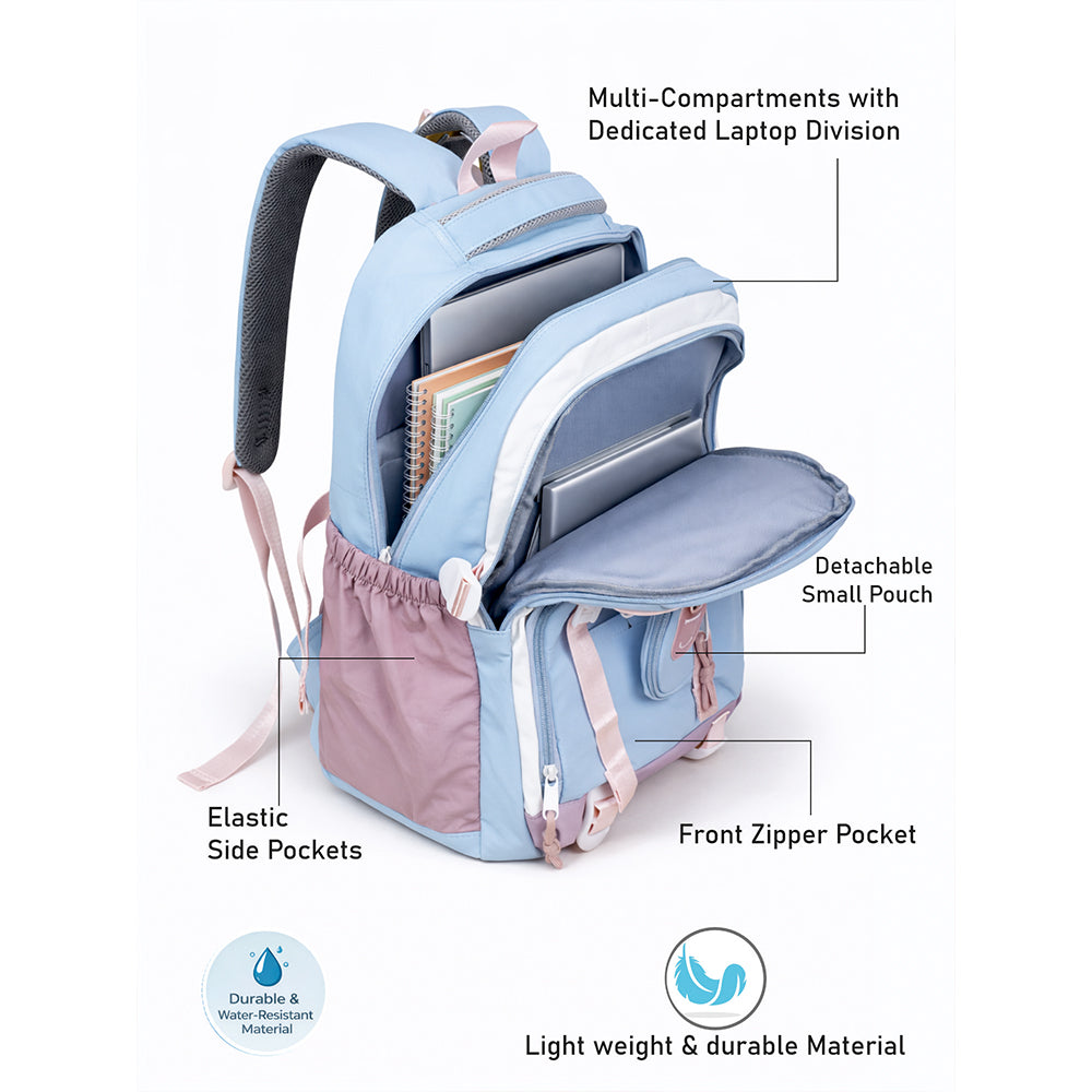 Blue, Pink & Purple Color-Block with Character Pouch School Backpack for Kids