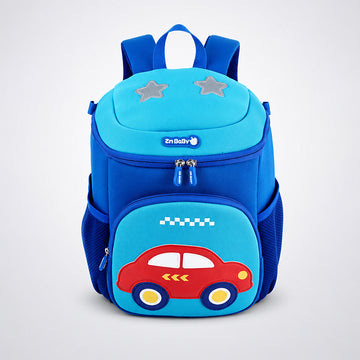 Cobalt Blue & Red Car Soft Neoprene Backpack for Toddlers & Kids, 3yrs to 5yrs