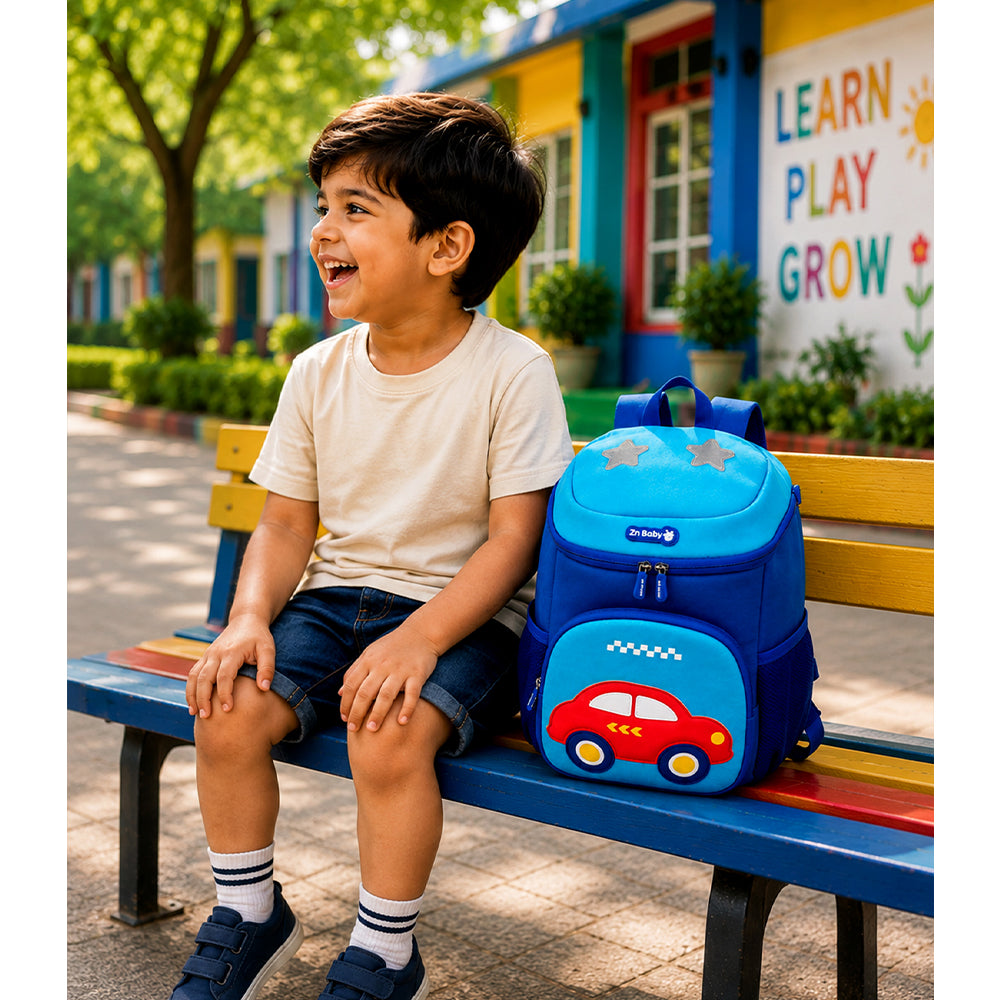 Cobalt Blue & Red Car Soft Neoprene Backpack for Toddlers & Kids, 3yrs to 5yrs