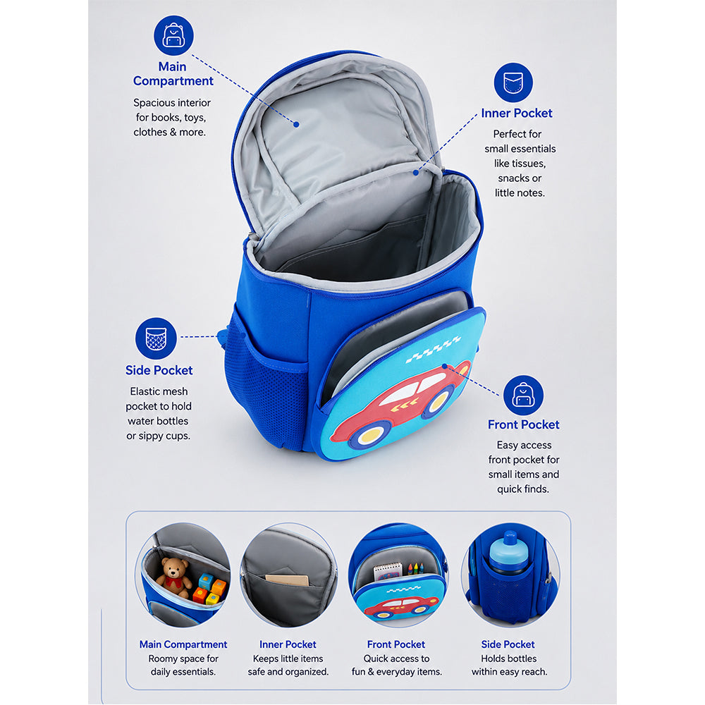 Cobalt Blue & Red Car Soft Neoprene Backpack for Toddlers & Kids, 3yrs to 5yrs