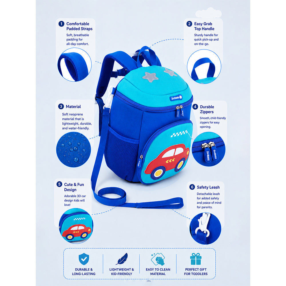 Cobalt Blue & Red Car Soft Neoprene Backpack for Toddlers & Kids, 3yrs to 5yrs