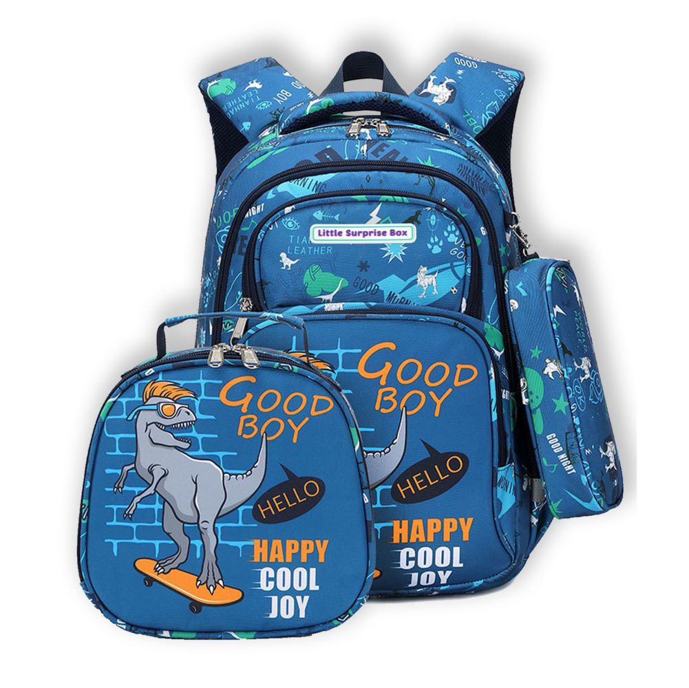 3pcs Blue Skating Dino Matching Backpack,Lunch Bag and Stationery Pouch,5yrs - 9yrs