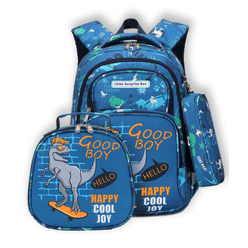 3pcs Blue Skating Dino Matching Backpack,Lunch Bag and Stationery Pouch,5yrs - 9yrs