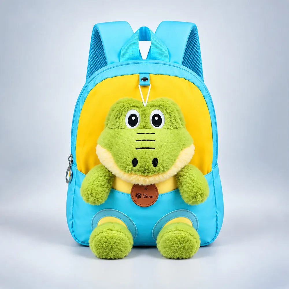 Blue & Yellow Crocodile Tiny Toddlers Backpack with Removable Soft Toy for nursery and Playgroup