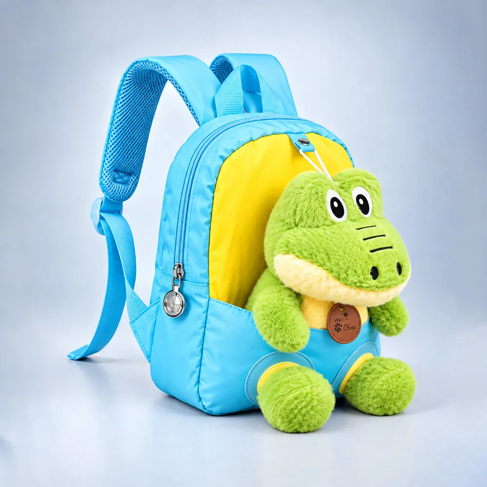 Blue & Yellow Crocodile Tiny Toddlers Backpack with Removable Soft Toy for nursery and Playgroup