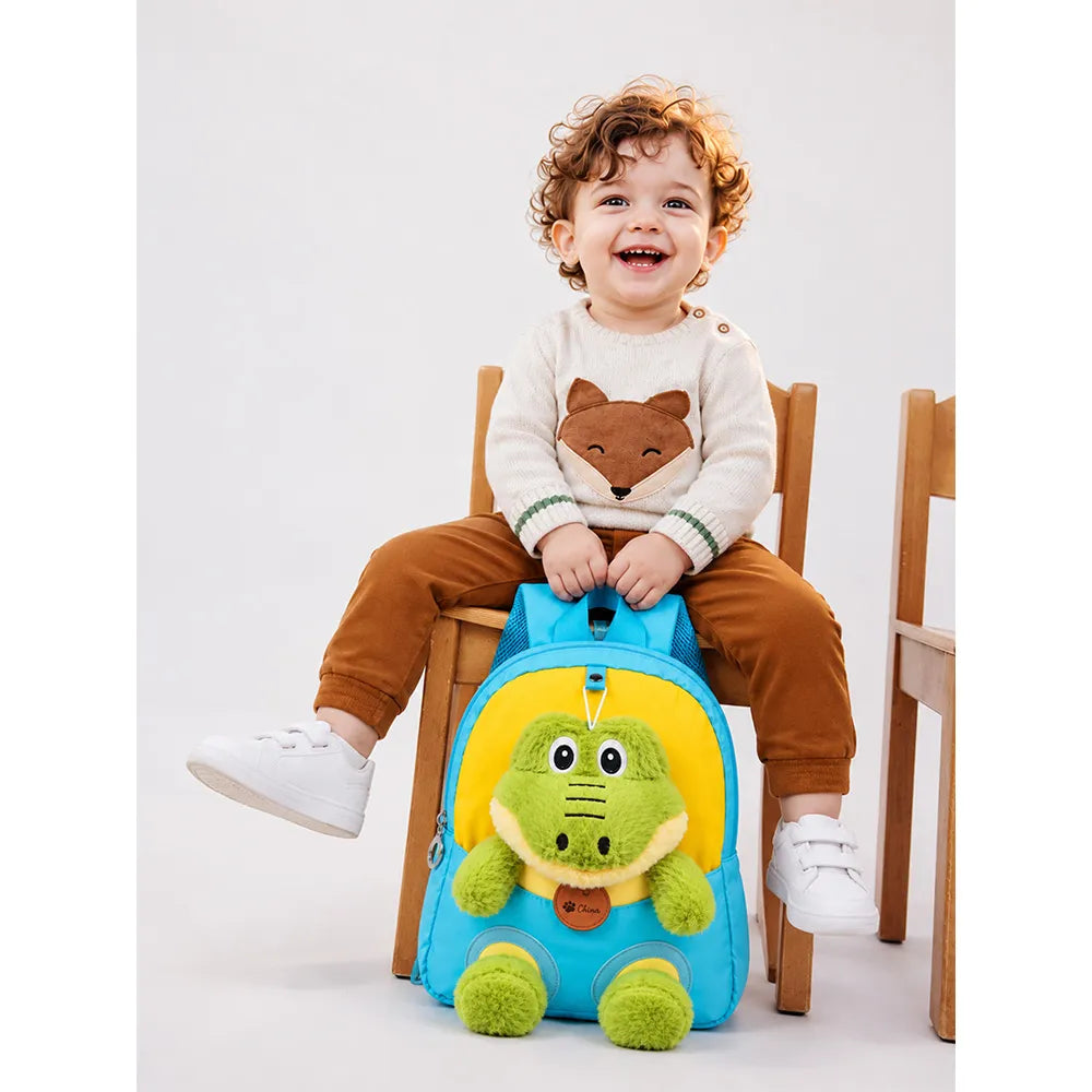 Blue & Yellow Crocodile Tiny Toddlers Backpack with Removable Soft Toy for nursery and Playgroup