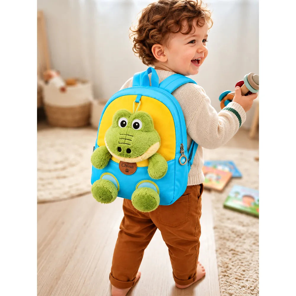 Blue & Yellow Crocodile Tiny Toddlers Backpack with Removable Soft Toy for nursery and Playgroup