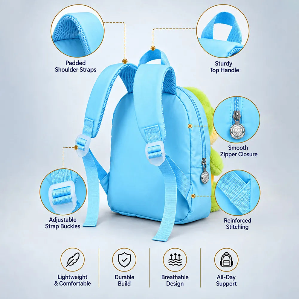 Blue & Yellow Crocodile Tiny Toddlers Backpack with Removable Soft Toy for nursery and Playgroup