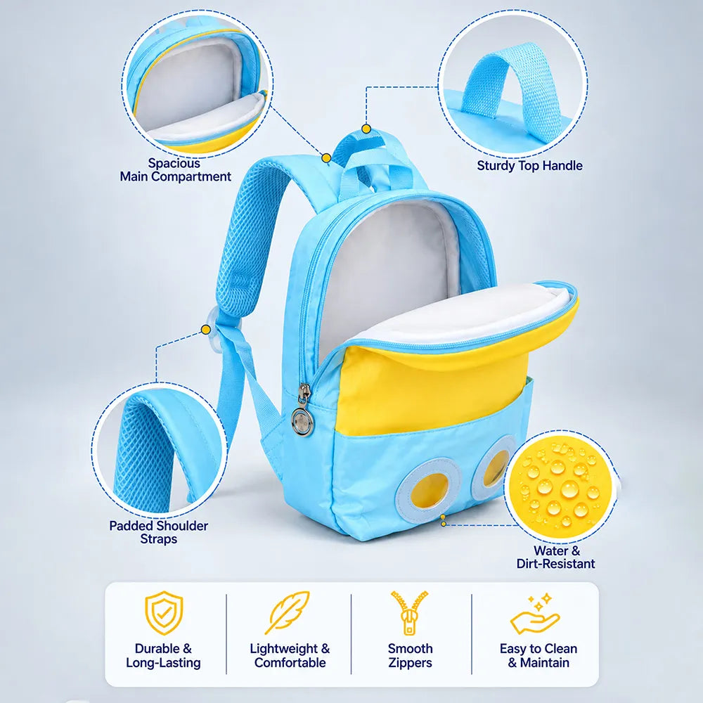Blue & Yellow Crocodile Tiny Toddlers Backpack with Removable Soft Toy for nursery and Playgroup