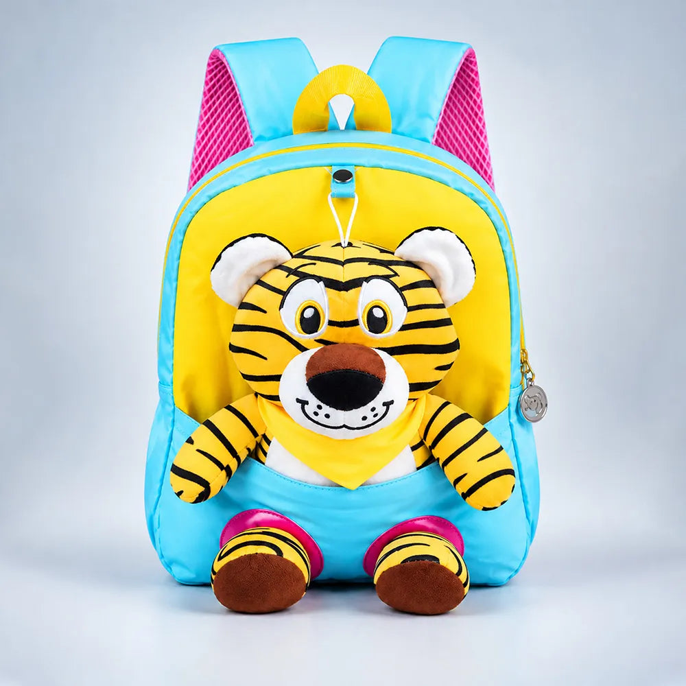 Blue & Yellow Tiger Tiny Toddlers Backpack with Removable Soft Toy for nursery and Playgroup