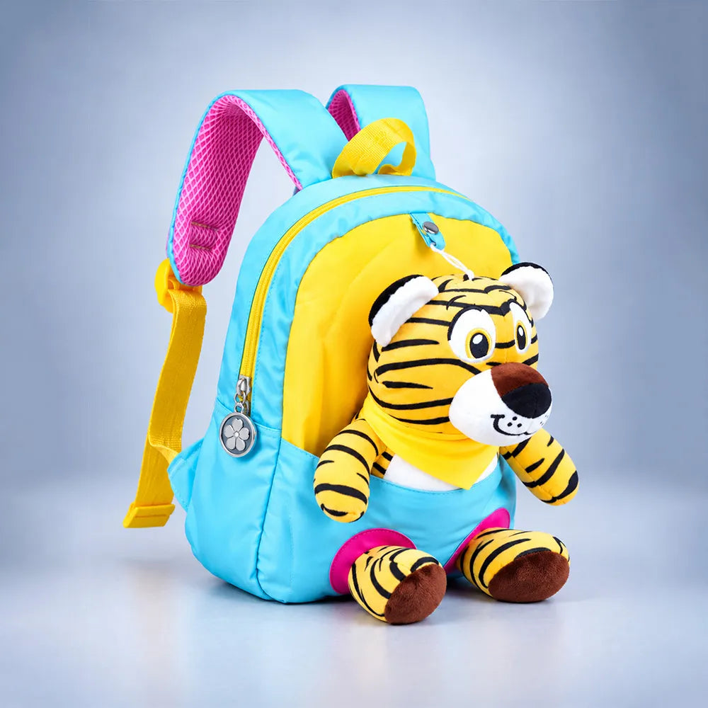 Blue & Yellow Tiger Tiny Toddlers Backpack with Removable Soft Toy for nursery and Playgroup