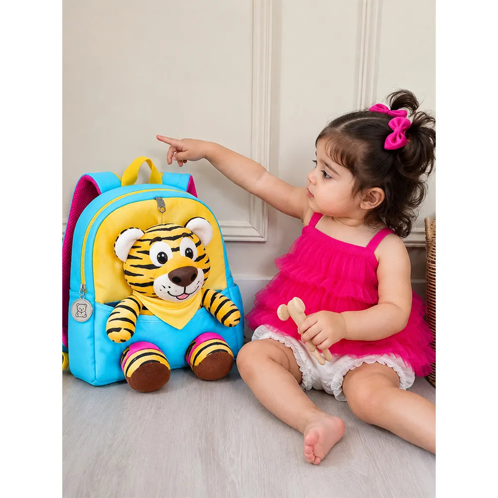 Blue & Yellow Tiger Tiny Toddlers Backpack with Removable Soft Toy for nursery and Playgroup