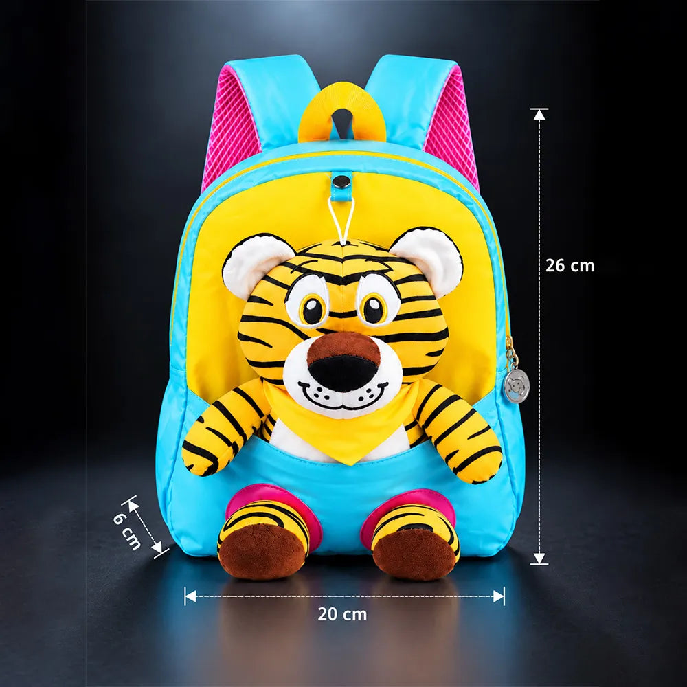Blue & Yellow Tiger Tiny Toddlers Backpack with Removable Soft Toy for nursery and Playgroup