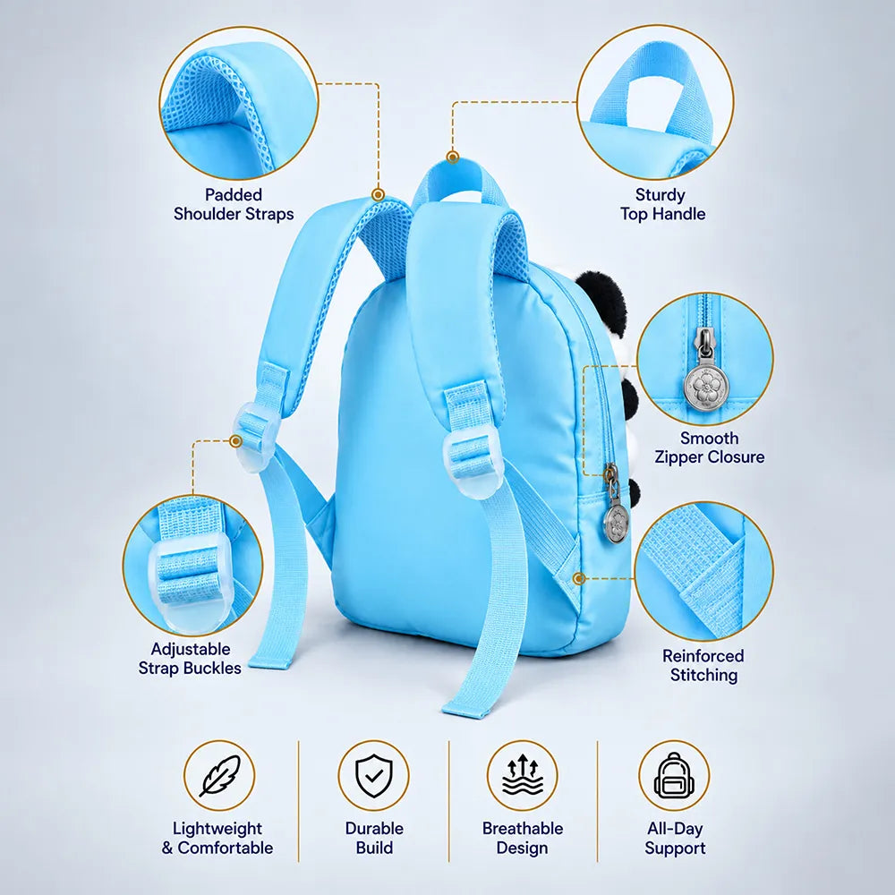 Blue & Yellow Panda Tiny Toddlers Backpack with Removable Soft Toy for nursery and Playgroup