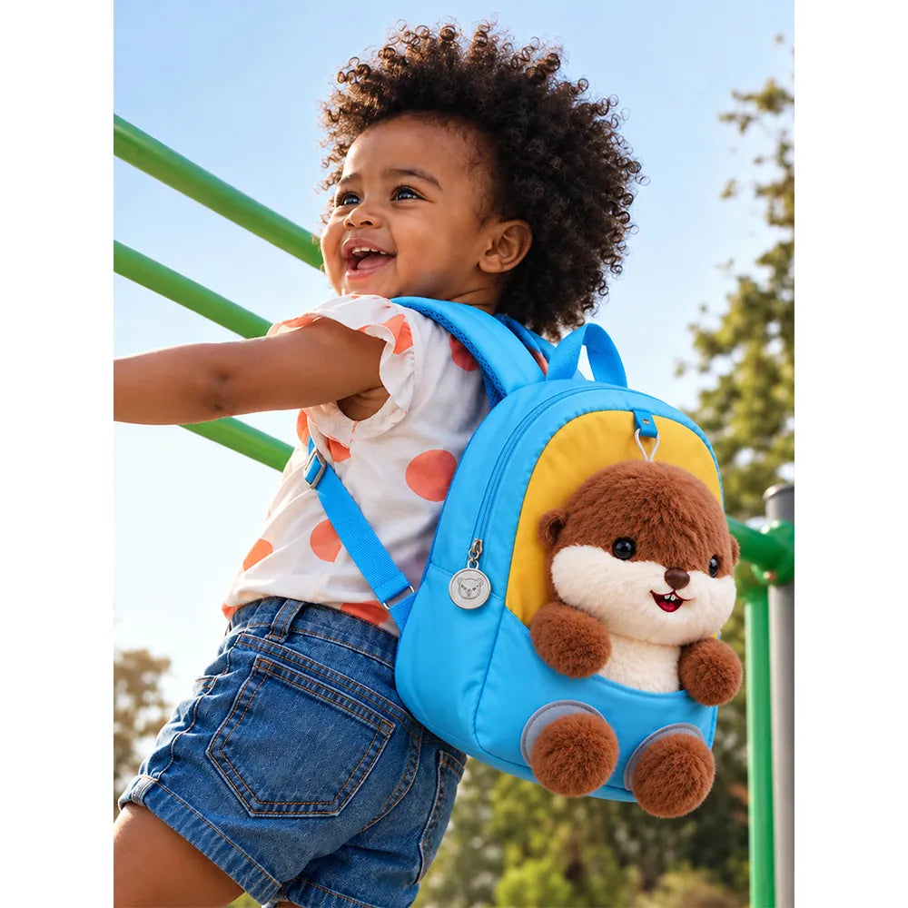 Blue & Yellow Squirrel Tiny Toddlers Backpack with Removable Soft Toy for nursery and Playgroup