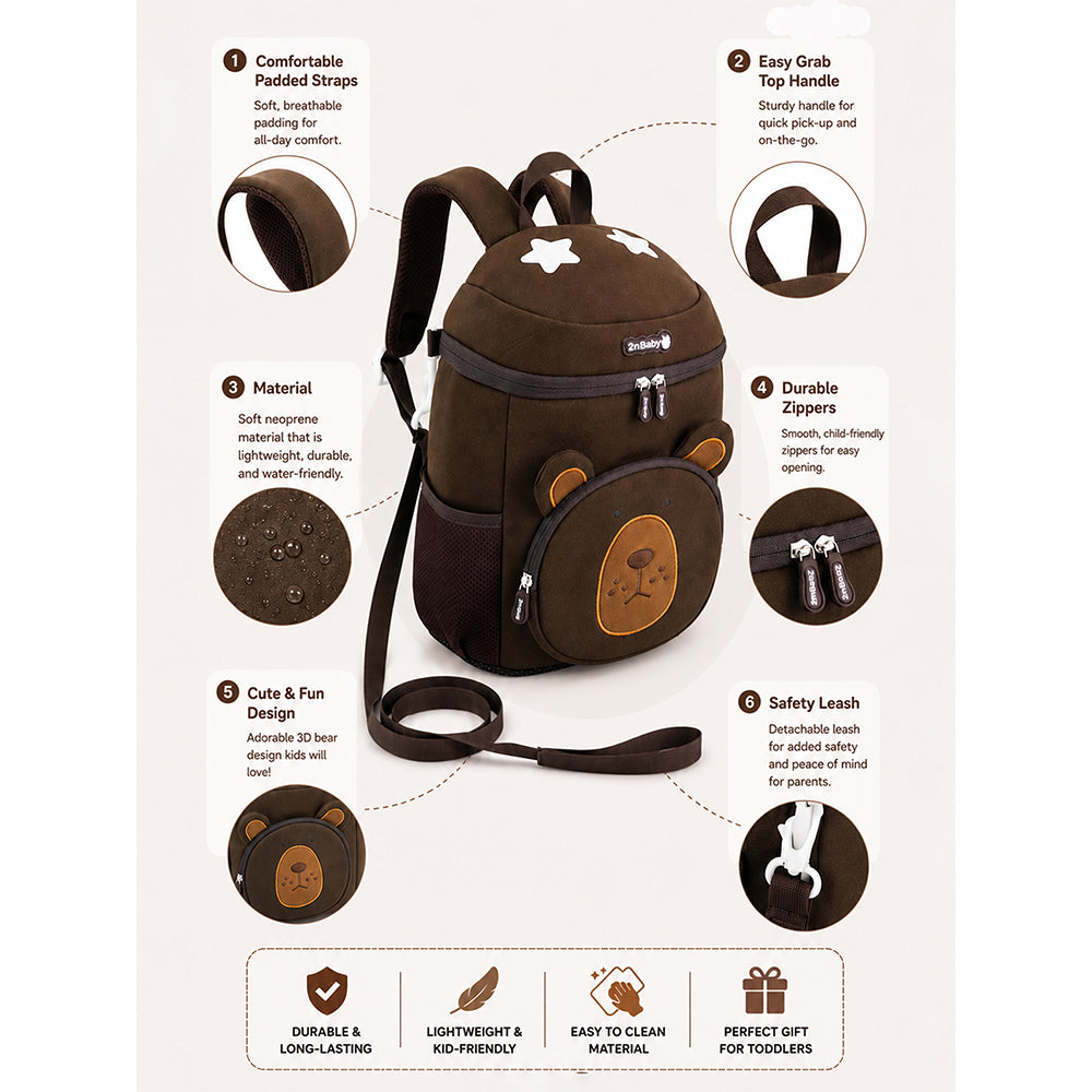 Brown 3D Bear Soft Neoprene Backpack for Toddlers &  Kids, 3yrs - 5yrs