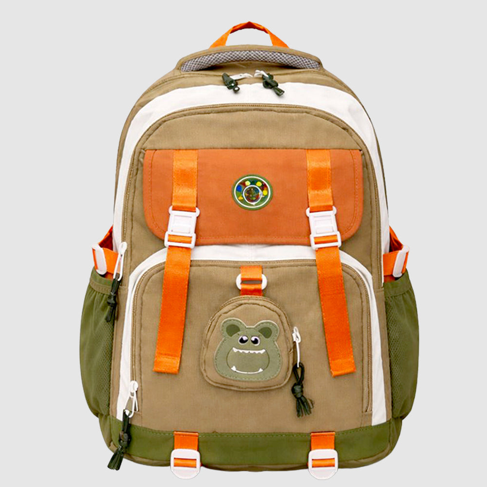 Orange, Brown & Green Color-Block with Character Pouch School Backpack for Kids