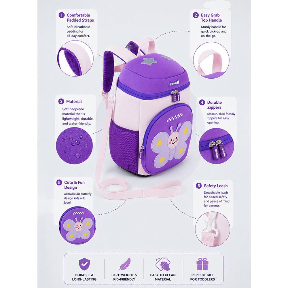 Butterfly Soft Neoprene Backpack for Toddlers & Kids, 3yrs to 5yrs