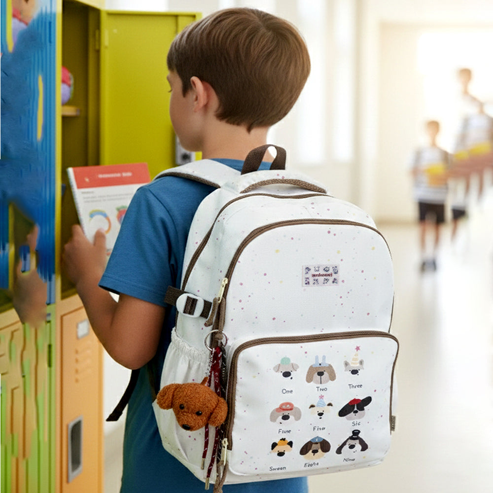 White Colorful Dots Doggy Print Backpack with Detachable Plush Dog Keychain for Kids