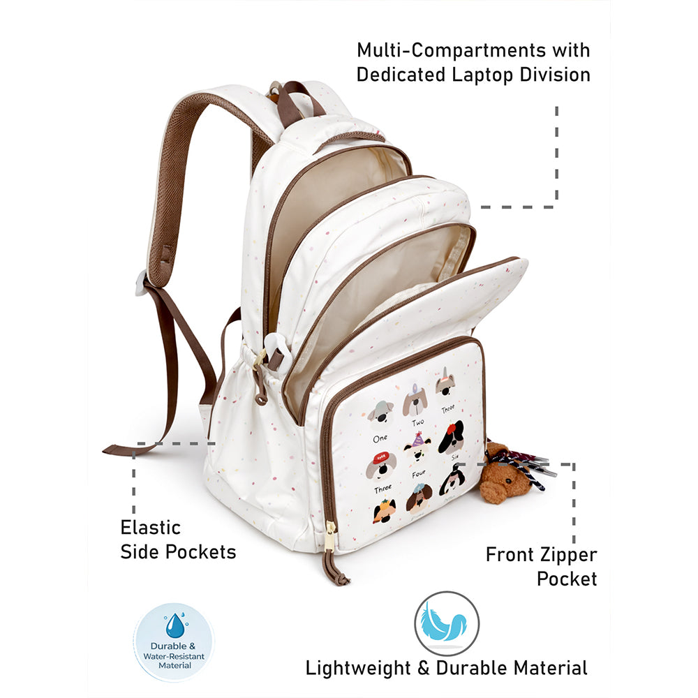 White Colorful Dots Doggy Print Backpack with Detachable Plush Dog Keychain for Kids