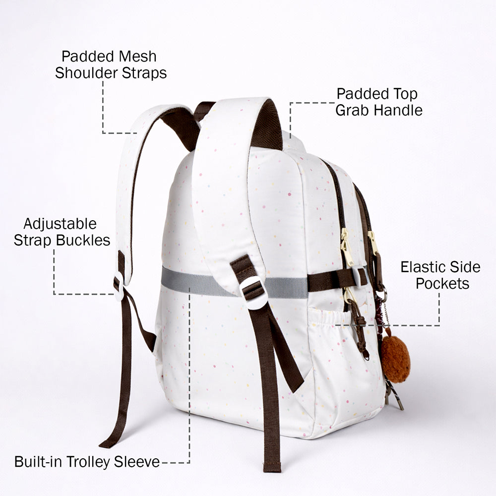 White Colorful Dots Doggy Print Backpack with Detachable Plush Dog Keychain for Kids