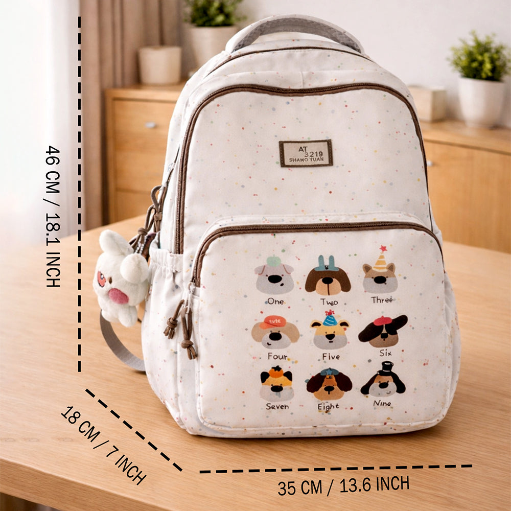 White Colorful Dots Doggy Print Backpack with Detachable Plush Dog Keychain for Kids