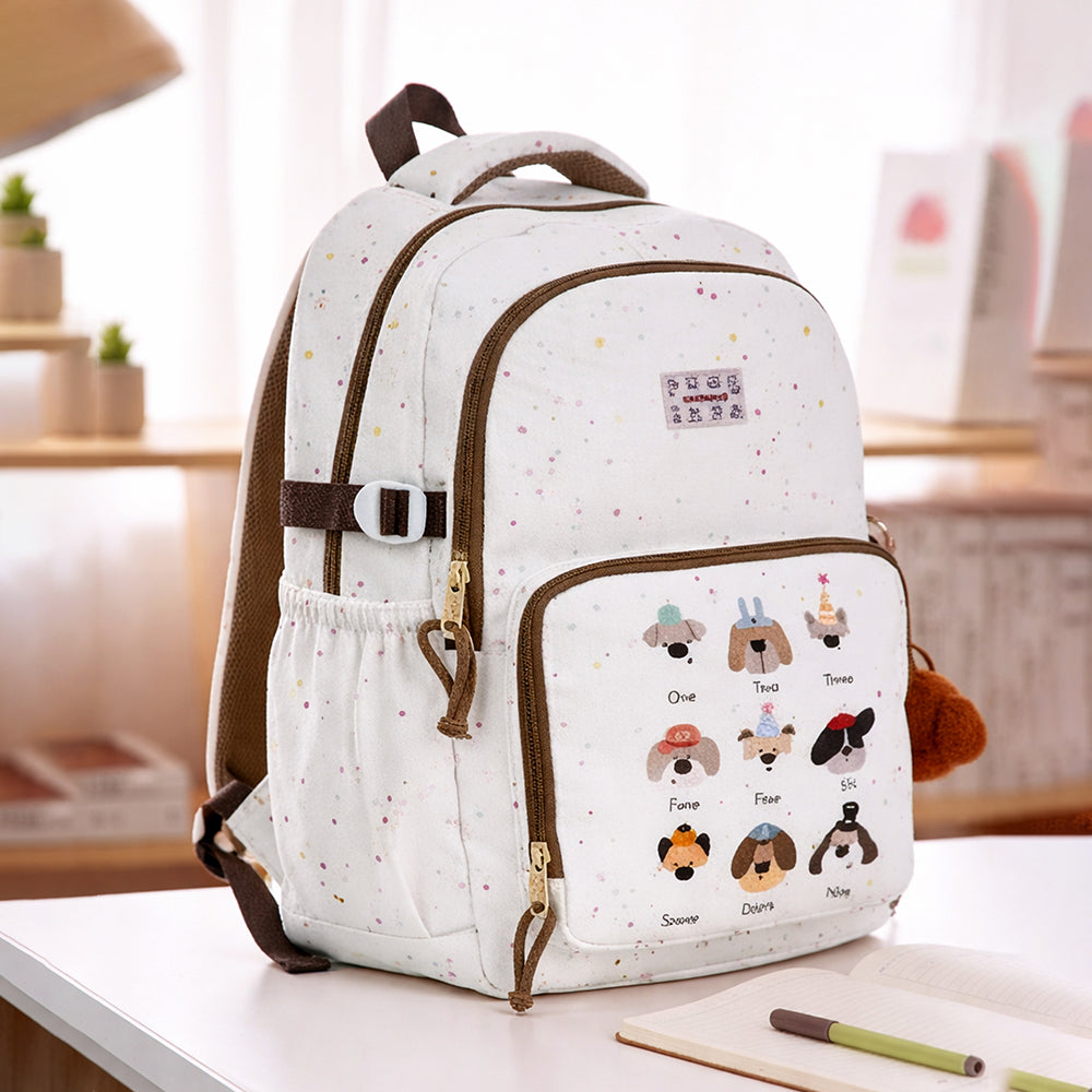 White Colorful Dots Doggy Print Backpack with Detachable Plush Dog Keychain for Kids