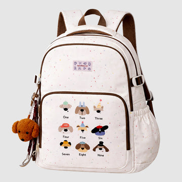 White Colorful Dots Doggy Print Backpack with Detachable Plush Dog Keychain for Kids